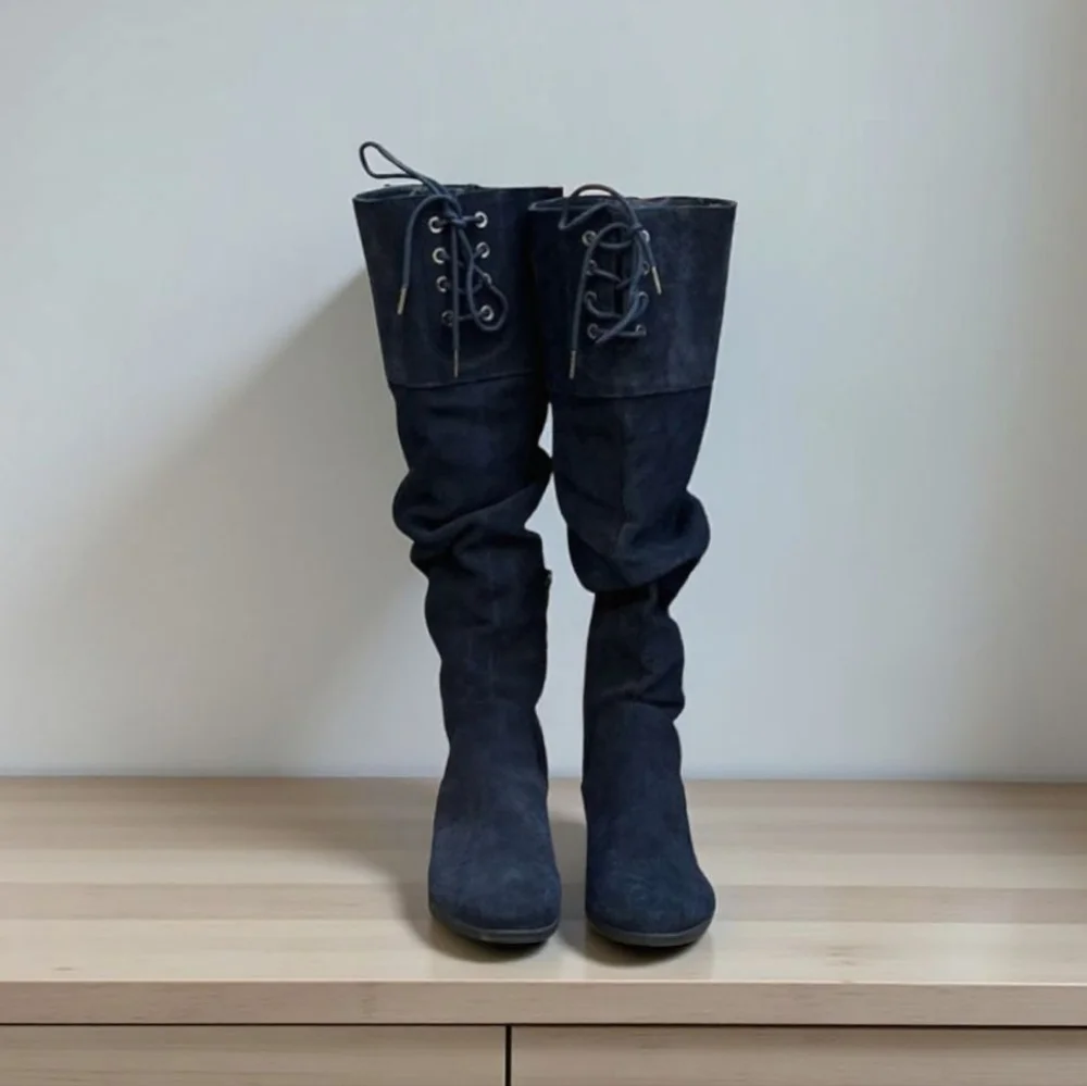 Matisse Camilla Navy Suede Tall Over The Knee Slouch Boots Lace Up 9W